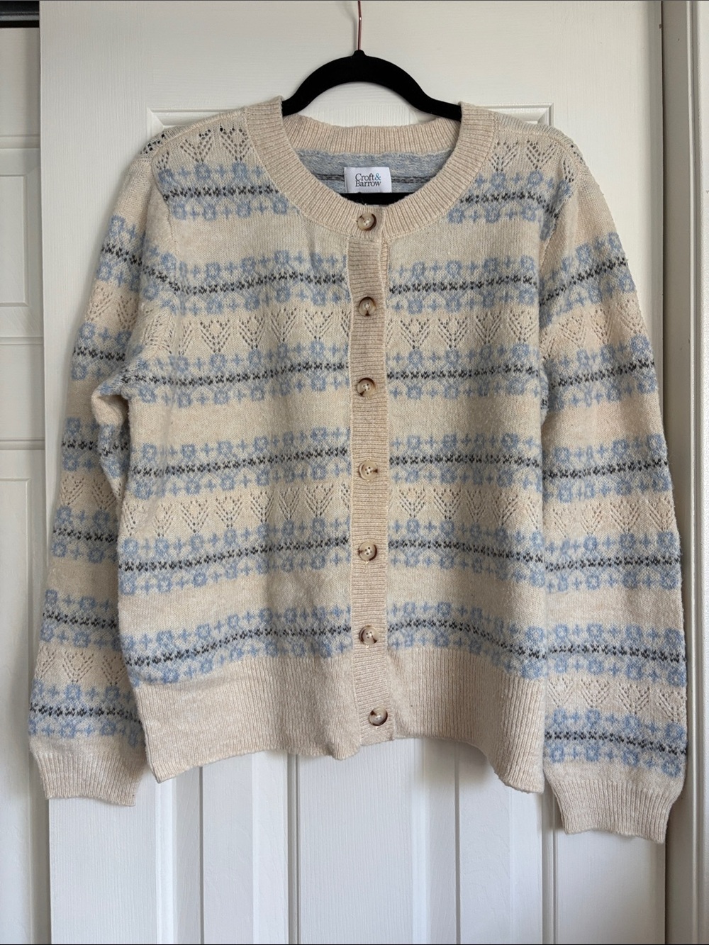 croft & barrow Cream and Light Blue Fair Isle Button-Up Cardigan